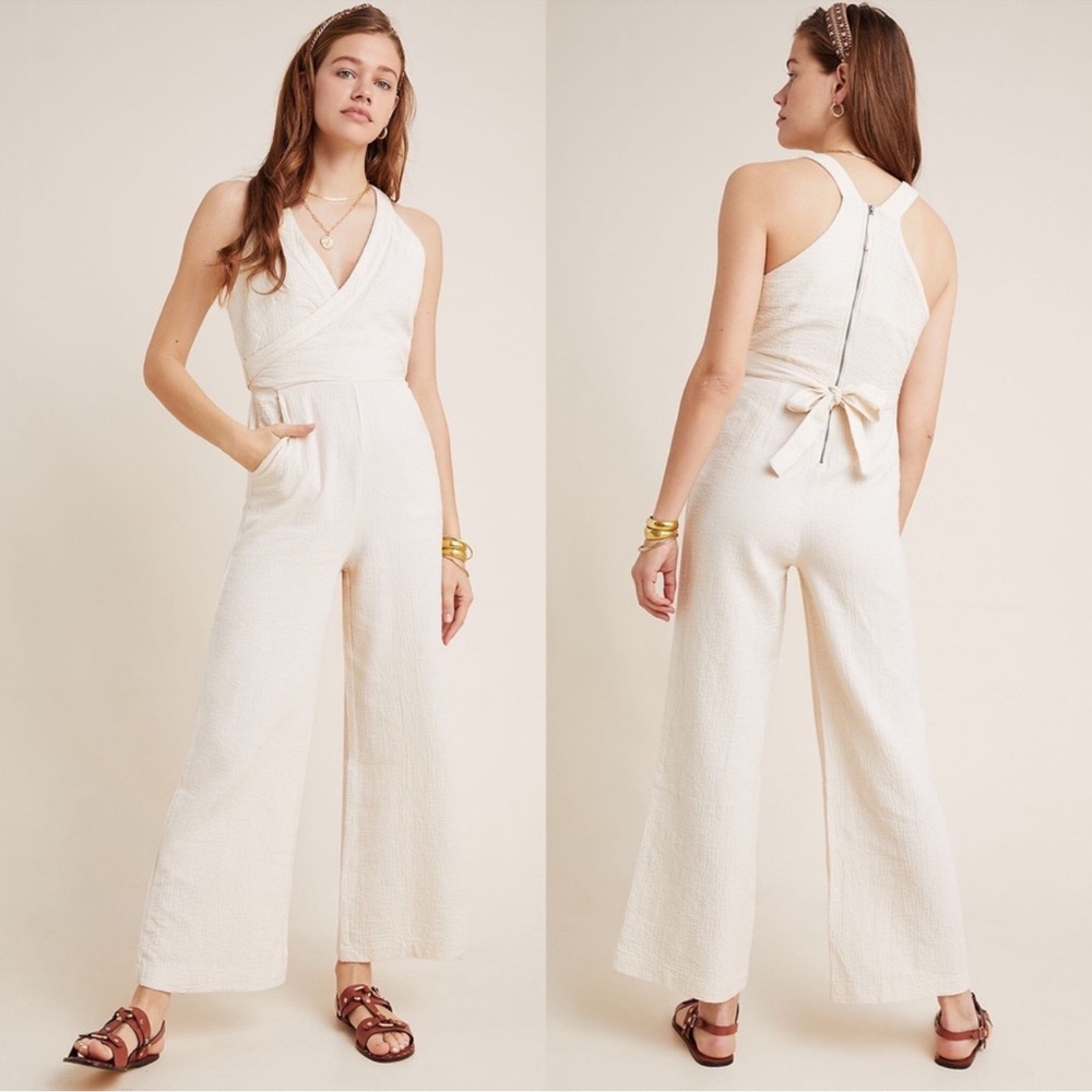 Anthropologie Textured Cotton Blend Wrap Jumpsuit Size 0P